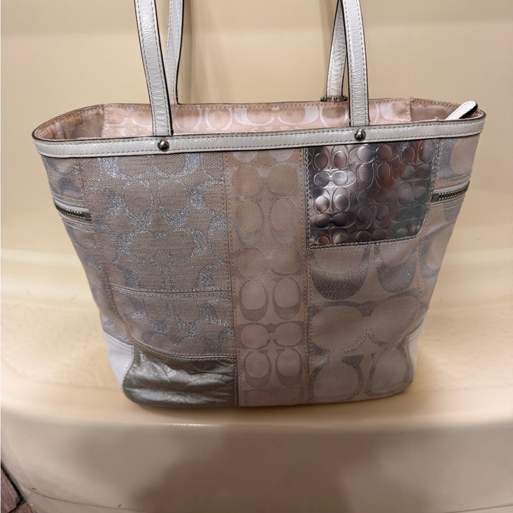Coach Elegant Silver and Cream patchwork Tote Bag - image 5